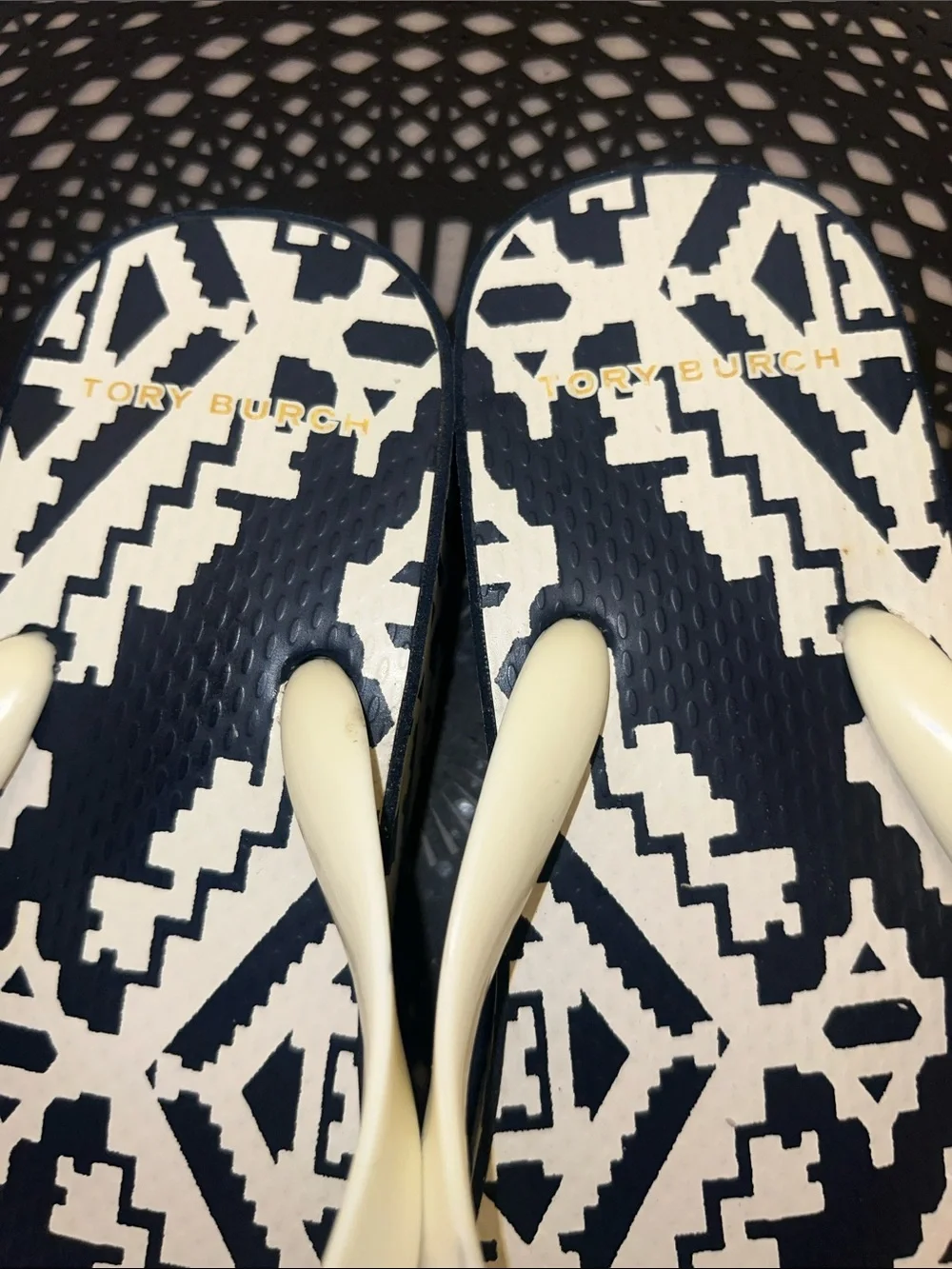 Tory Burch Cream Strap Navy & Ivory Printed Flip Flops